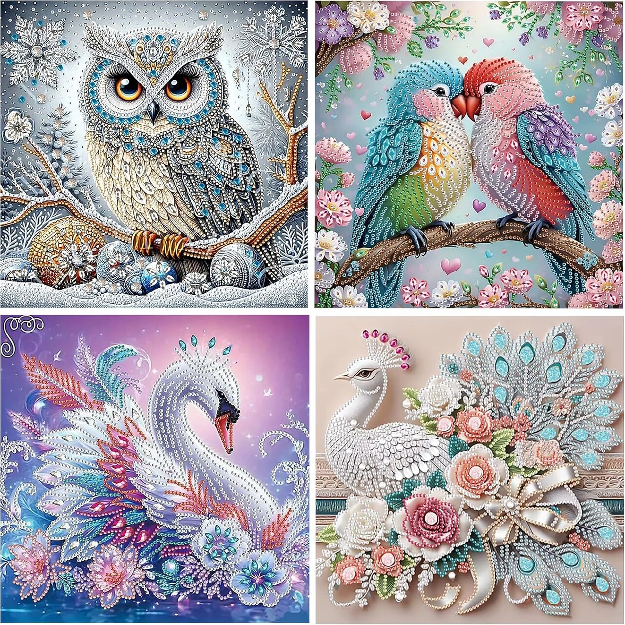 4 Pack Bird Diamond Painting Kits for Adults Beginner, 5D Owl & Peacock Special Shape Diamond Art Kits, DIY Full Drill Diamond Dots with Gem Art Kits, Home Wall Decor 11.8x11.8 inch